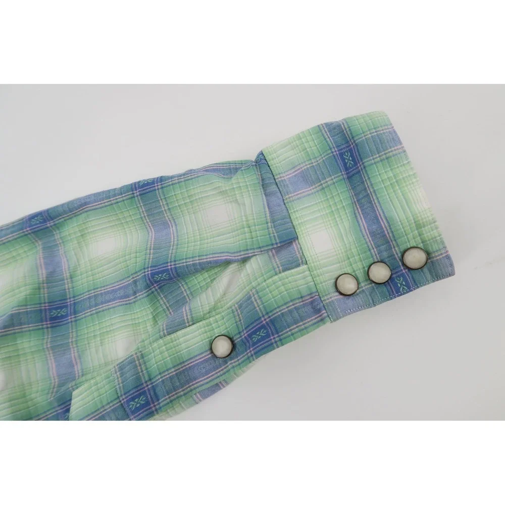 Vintage‎ Polo Ralph Lauren Western Shirt Mens Small Green Blue Plaid Pearl Snap